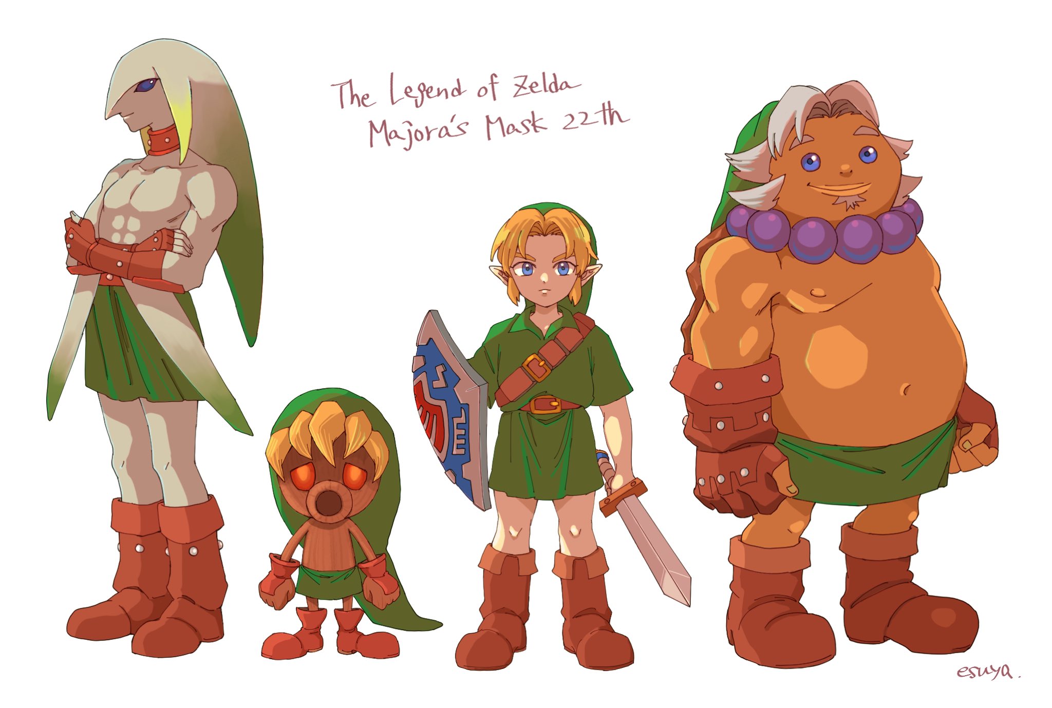 4boys deku deku_link esuyaaa12 goron goron_link green_tunic highres hylian_shield link multiple_boys nintendo pointy_ears shield the_legend_of_zelda the_legend_of_zelda:_majora&#039;s_mask tunic zora zora_link