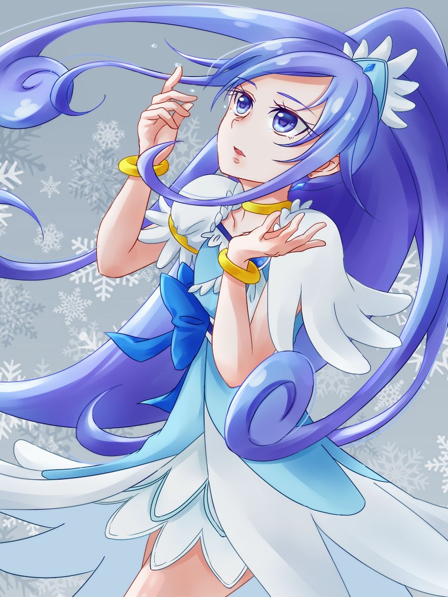 1girl blue_bow blue_dress blue_eyes blue_hair bow bracelet breasts brooch choker collarbone cowboy_shot crystal_earrings cure_diamond dokidoki!_precure dress earrings grey_background hair_ornament heart heart_brooch high_ponytail highres hishikawa_rikka jewelry lips long_hair magical_girl ponytail precure small_breasts snowflake_background solo sp_rikichi09 waist_bow wide_ponytail yellow_choker