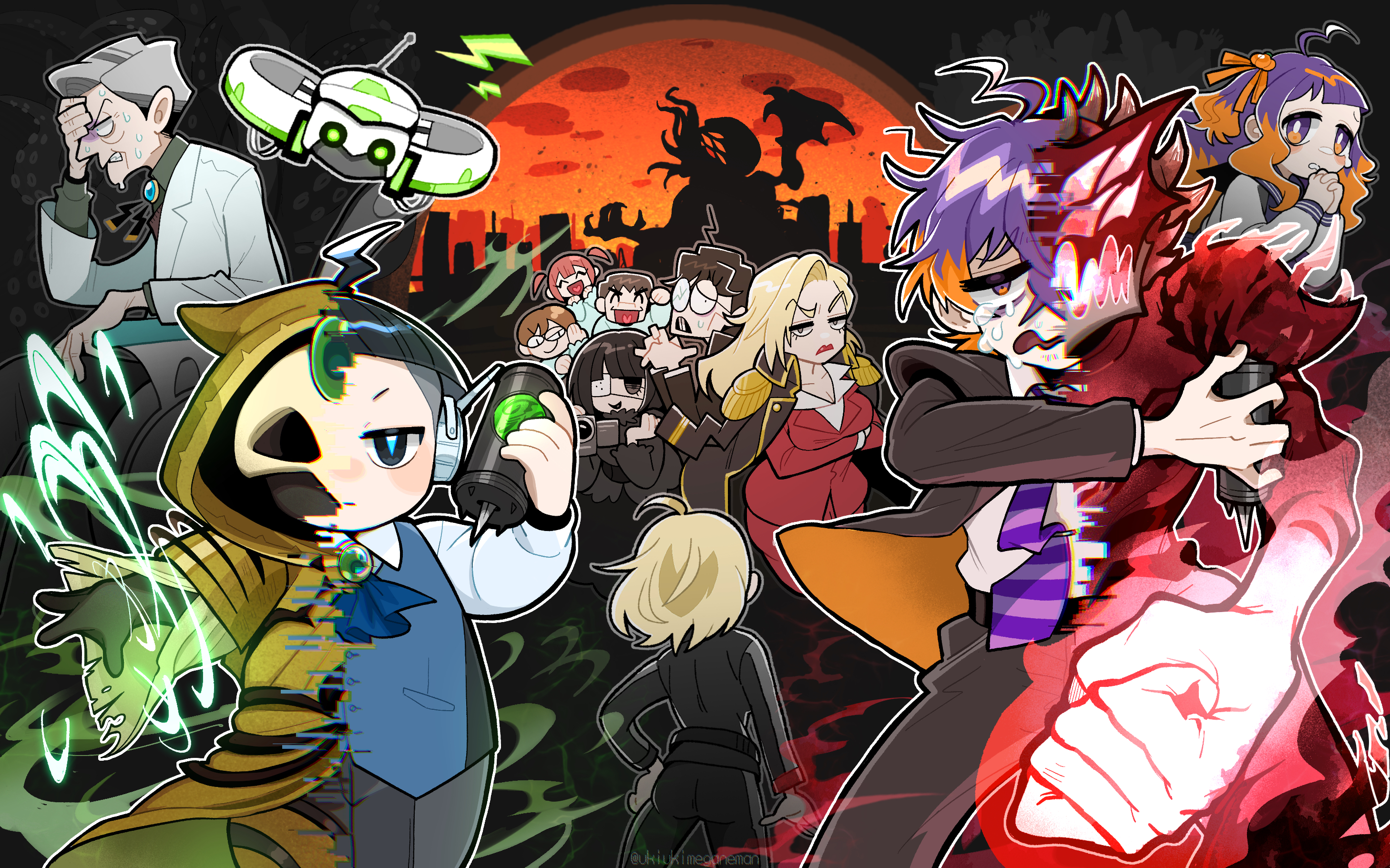 5boys 5girls ahoge armor arms_under_breasts bags_under_eyes black_coat black_eyes black_jacket black_pants black_suit blonde_hair blue_pupils blue_vest blunt_bangs bowl_cut breasts brooch call_of_cthulhu camcorder character_request clenched_hand coat coat_on_shoulders colored_tips commentary commentary_request cropped_legs crossed_arms crying crying_with_eyes_open cthulhu drone english_commentary expressionless eyepatch floating_hair formal_clothes frown fujimura_kirara fujimura_saki furrowed_brow glowing glowing_hand grey_hair grimace hand_on_own_forehead highres holding holding_syringe hood hood_up hooded_robe jacket jewelry jitome kaikou_(trpg_scenario) lab_coat large_breasts looking_at_viewer mask medical_eyepatch military_coat mitsurugi-hakase mixed-language_commentary multicolored_hair multiple_boys multiple_girls napoli_no_otokotachi necktie nervous_sweating nezumi_koushirou old old_man onosanlove open_mouth orange_eyes orange_hair own_hands_clasped own_hands_together pants powered_wheelchair purple_hair purple_necktie raised_eyebrow red_armor red_jacket red_suit robe round_eyewear sad scared school_uniform serafuku shikimitsu_(napoli_no_otokotachi) shirt short_hair silhouette skull_mask skyline spiked_helmet spoilers standing striped_necktie suit sweat syringe tears terui_asuka transformation v-shaped_eyebrows very_short_hair vest video_camera wavy_mouth wheelchair white_shirt yellow_robe