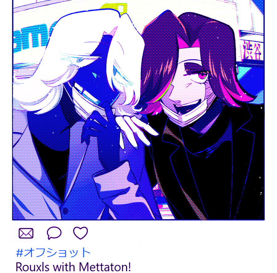 2boys :d adjusting_mask androgynous android black_jacket black_shirt blue_eyes blue_skin colored_eyelashes colored_skin commentary_request deltarune eyes_visible_through_hair eyeshadow flipped_hair gloves grey_jacket hair_over_one_eye halftone hand_on_another&#039;s_shoulder hand_up heart in-franchise_crossover jacket lapels looking_at_viewer makeup male_focus mask mask_pull mettaton mettaton_ex mouth_mask multicolored_hair multiple_boys notched_lapels open_mouth outdoors pink_eyes pink_hair purple_eyeshadow purple_hair rouxls_kaard shirt short_hair smile taharu_(papiyas) teeth turtleneck two-tone_hair undertale upper_body upper_teeth_only white_eyelashes white_gloves white_hair white_mask