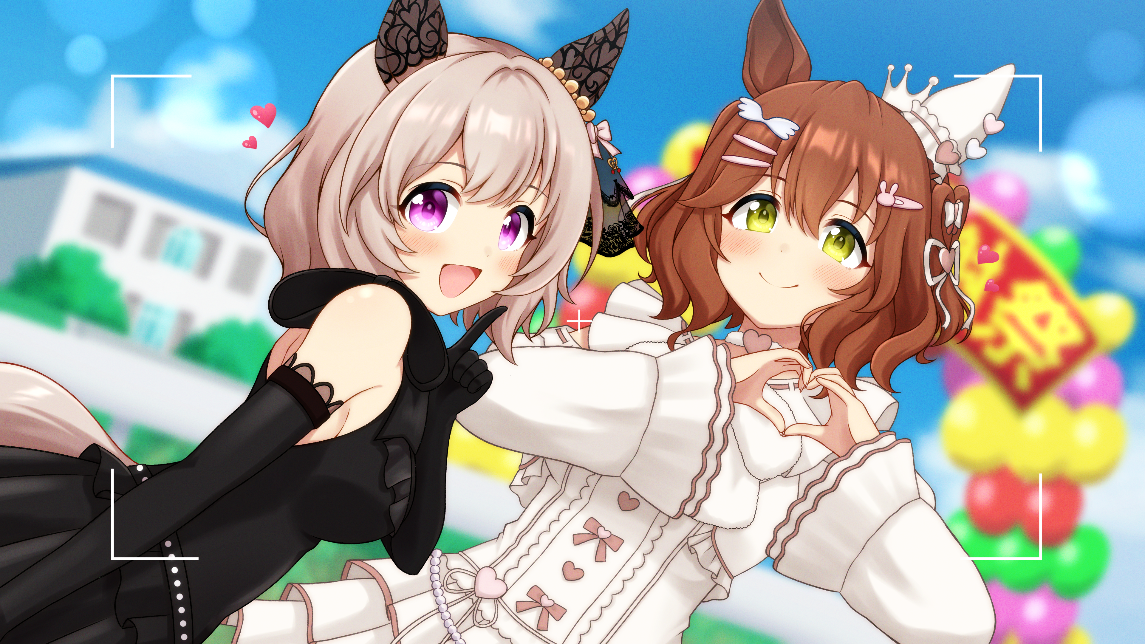 2girls absurdres animal_ears aston_machan_(everlasting_candy)_(umamusume) aston_machan_(umamusume) balloon black_dress black_gloves blush breasts brown_hair closed_mouth commentary_request commission curren_chan_(sakutsuki_ma_cherie)_(umamusume) curren_chan_(umamusume) dress ear_covers elbow_gloves gloves green_eyes grey_background grey_hair hair_between_eyes hair_ornament heart heart_balloon heart_hands highres hokutoro64 horse_ears horse_girl horse_tail interlocked_fingers looking_at_viewer medium_breasts medium_hair multiple_girls official_alternate_costume open_mouth own_hands_together pixiv_commission purple_eyes short_hair sleeveless sleeveless_dress small_breasts smile tail umamusume upper_body