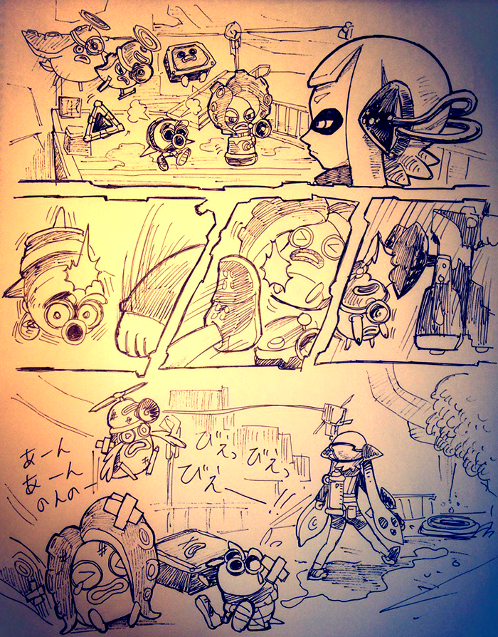 &gt;_&lt; bad_id bad_pixiv_id bandaid bandaid_on_face closed_eyes comic gradient_background inkling inkling_girl inkling_player_character kicking monochrome nintendo octarian_(enemy) octobomber octorok octotrooper shoes slapping sneakers splatoon_(series) splatoon_1 violence yuta_agc