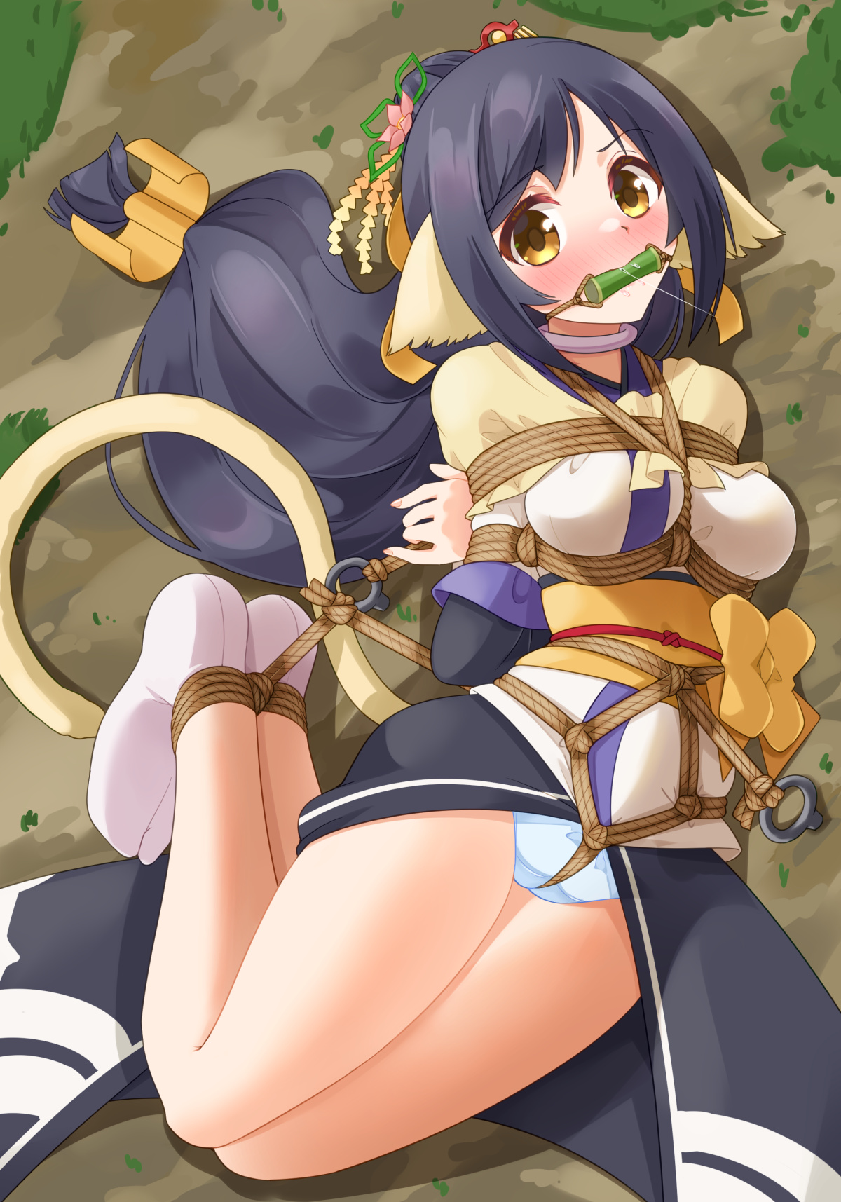 1girl ainu_clothes animal_ears arms_behind_back bare_legs bdsm bit_gag bondage bound bound_ankles bound_arms bound_legs bound_torso cameltoe crotch_rope drooling female_focus gag gagged highres hogtie kuon_(utawarerumono) long_hair low-tied_long_hair lying mukanata on_side panties restrained saliva saliva_trail shibari shibari_over_clothes solo tabi tail underwear utawarerumono utawarerumono:_itsuwari_no_kamen yellow_eyes