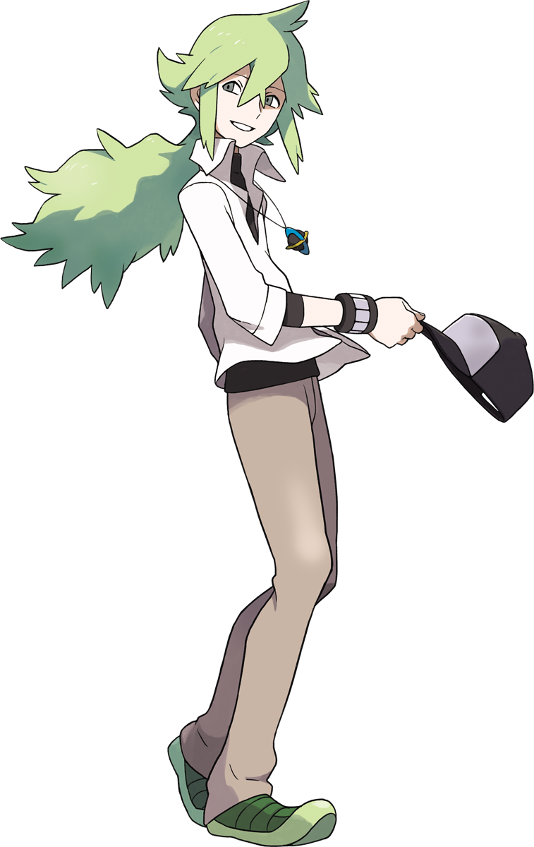 1boy :d baseball_cap black_hat black_shirt bracelet brown_pants collared_shirt cowlick facing_to_the_side floating_clothes full_body green_eyes green_footwear grin hair_between_eyes half-closed_eyes hat highres holding holding_unworn_clothes holding_unworn_hat jewelry light_green_hair long_hair long_sleeves low-tied_long_hair low_neckline low_ponytail male_focus messy_hair n_(pokemon) nintendo official_art oomura_yuusuke open_mouth pants partially_shaded_face pendant pokemon pokemon_bw2 ponytail shirt sidelocks sideways_glance simple_background smile solo standing sugimori_ken_(style) teeth three-quarter_sleeves transparent_background turtleneck unworn_hat unworn_headwear v-neck white_shirt