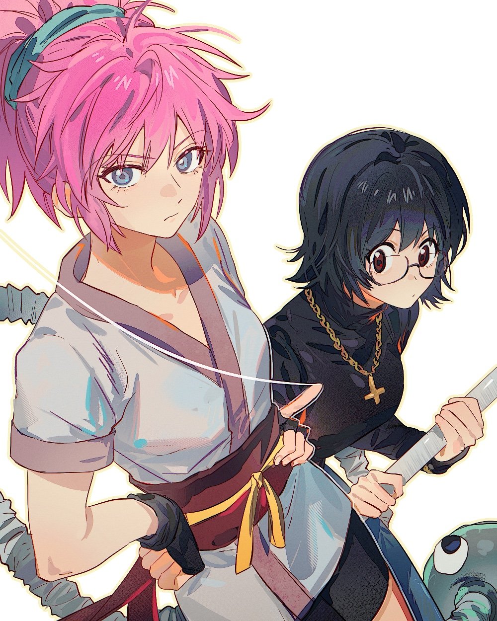 2girls black_hair blue_eyes brown_eyes glasses highres hunter_x_hunter japanese_clothes machi_komacine multiple_girls pink_hair ponytail round_eyewear shizuku_murasaki short_hair simple_background white_background yumi_xsh