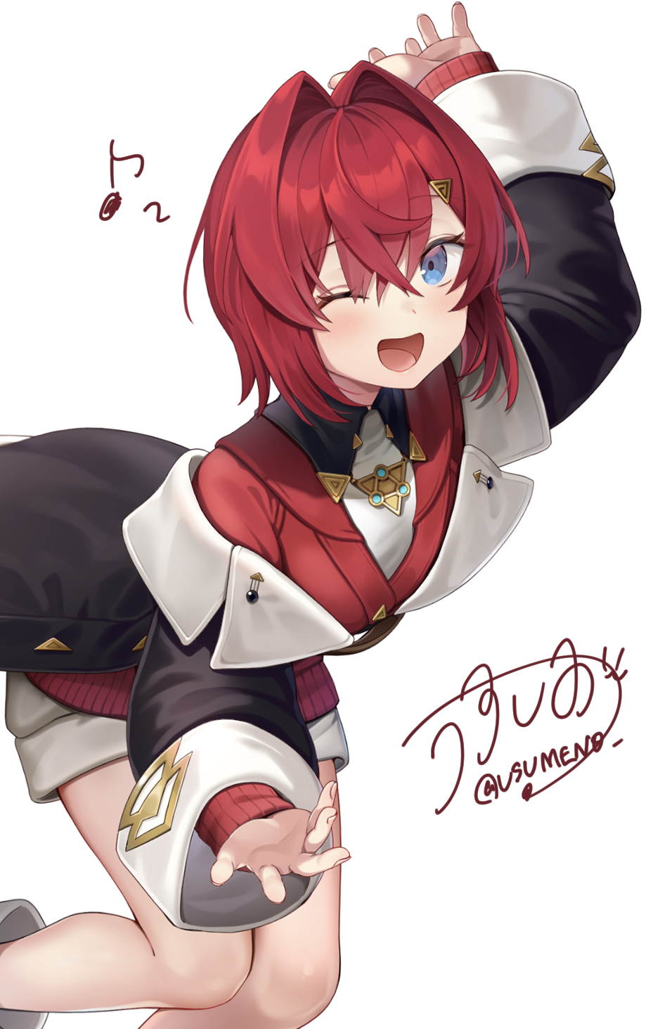 1girl ange_katrina ange_katrina_(1st_costume) arm_up black_coat blue_eyes cardigan coat eighth_note feet_out_of_frame hair_between_eyes hair_intakes hair_ornament highres looking_at_viewer musical_note nijisanji one_eye_closed open_hand open_mouth red_cardigan red_hair signature simple_background smile solo standing standing_on_one_leg triangle_hair_ornament twitter_username usushio virtual_youtuber white_background