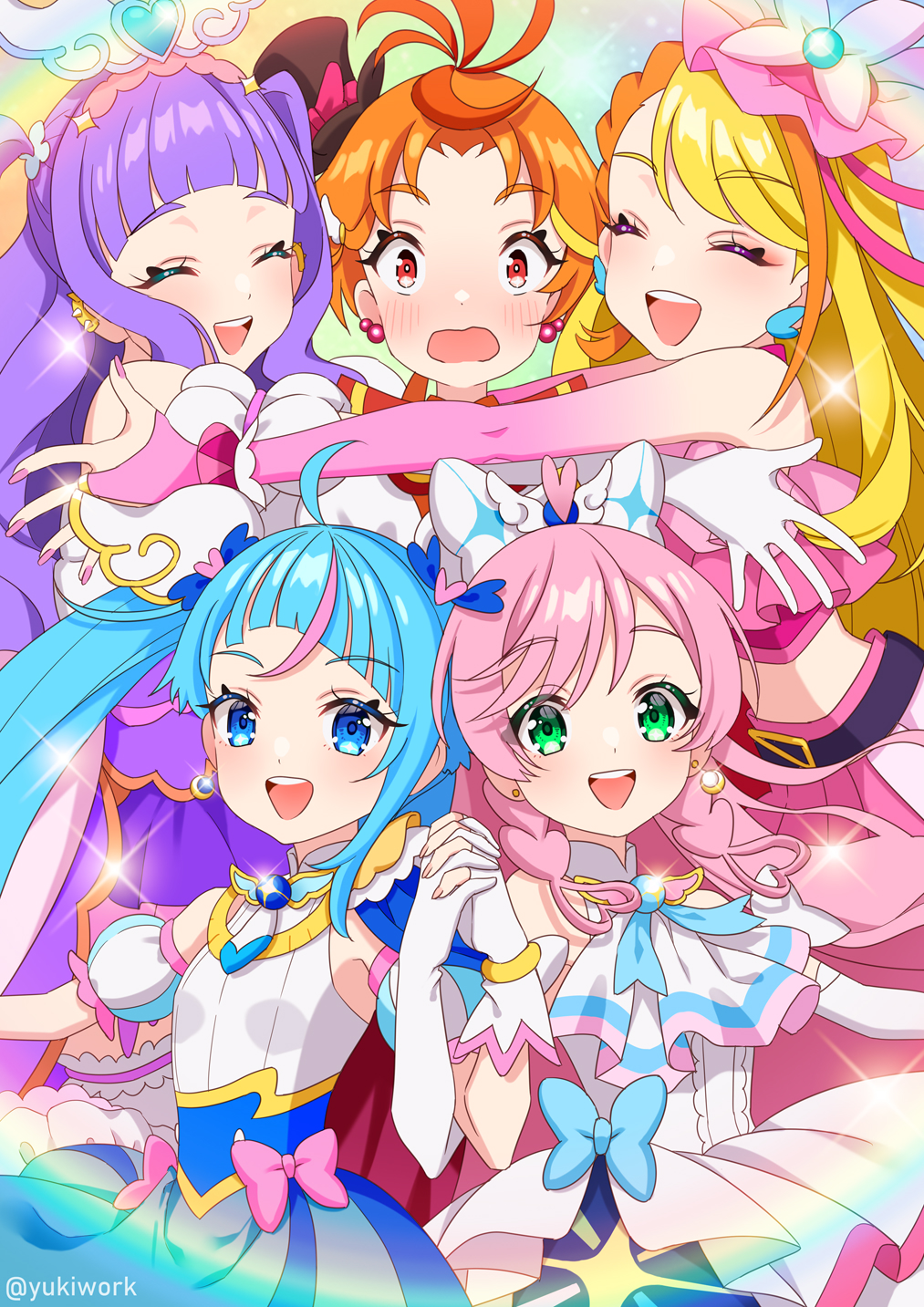 1boy 4girls ascot belt black_belt black_headwear blonde_hair blue_dress blue_eyes blue_hair blush bow braid braided_bangs bridal_gauntlets brooch butterfly_hat_ornament closed_eyes commentary cropped_shirt cure_butterfly cure_majesty cure_prism cure_sky cure_wing cut_bangs dress earclip earrings ellee-chan facing_viewer fingerless_gloves frilled_dress frills frown gloves green_eyes hair_bow hair_ornament half-dress hat hat_ornament highres hijiri_ageha hirogaru_sky!_precure holding_hands hug interlocked_fingers jewelry long_hair looking_at_viewer magical_boy magical_girl mini_hat mini_top_hat miniskirt mob_cap multicolored_hair multiple_girls nijigaoka_mashiro open_mouth orange_hair pink_ascot pink_gloves pink_hair pink_headwear pink_shirt pink_skirt precure purple_dress purple_hair red_eyes shirt short_dress side_braid single_earring single_sidelock skirt sleeveless sleeveless_dress smile sora_harewataru sparkle standing streaked_hair thighhighs tilted_headwear top_hat twin_braids twintails twitter_username two-tone_dress two_side_up white_ascot white_bow white_dress white_gloves white_thighhighs wing_brooch wing_hair_ornament yukinko_(yukiwork) yuunagi_tsubasa