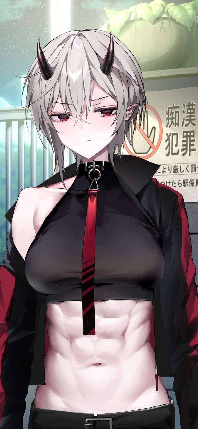 1girl abs artist_request breasts cross cross_earrings ear_piercing ear_piercings earrings fangs groin highres horns imp indie_virtual_youtuber jewelry large_breasts midriff navel piercing pointy_ears red_eyes rinkya screencap tagme virtual_youtuber