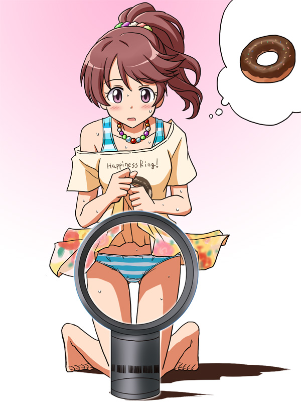 1girl barefoot bead_necklace beads bladeless_fan blush bra_strap brown_hair clothes_lift clothes_writing commentary_request crotch_seam donut english_text floral_print food frown full_body gluteal_fold gradient_background hair_ornament hair_scrunchie idolmaster idolmaster_cinderella_girls imagining jewelry kneeling lielos lifting_own_clothes long_hair looking_at_viewer medium_hair miniskirt necklace off-shoulder_shirt off_shoulder open_mouth panties pink_background ponytail print_skirt purple_eyes scrunchie shadow shiina_noriko shirt short_hair skirt skirt_lift solo striped_clothes striped_panties sweat underwear yellow_shirt