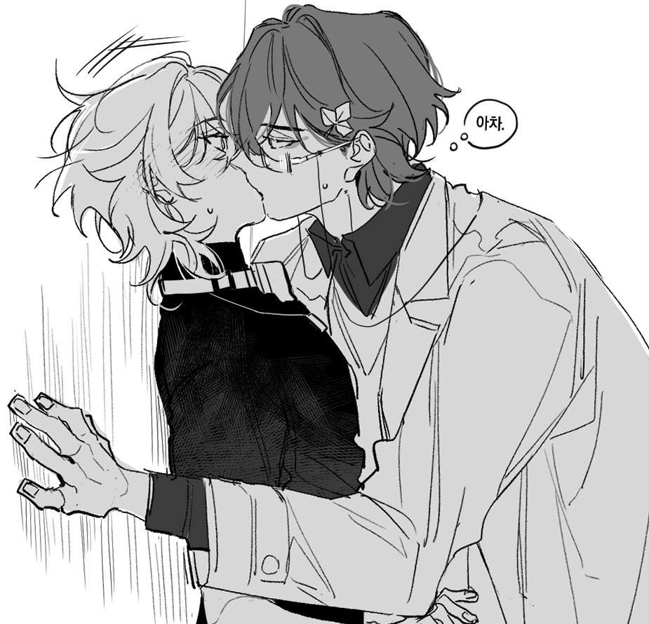 2boys aventurine_(honkai:_star_rail) blush collared_shirt dr._ratio_(honkai:_star_rail) greyscale hair_ornament honkai:_star_rail honkai_(series) kiss korean_text long_sleeves looking_at_another male_focus monochrome multiple_boys rechu2300 shirt short_hair simple_background speech_bubble thought_bubble upper_body white_background yaoi