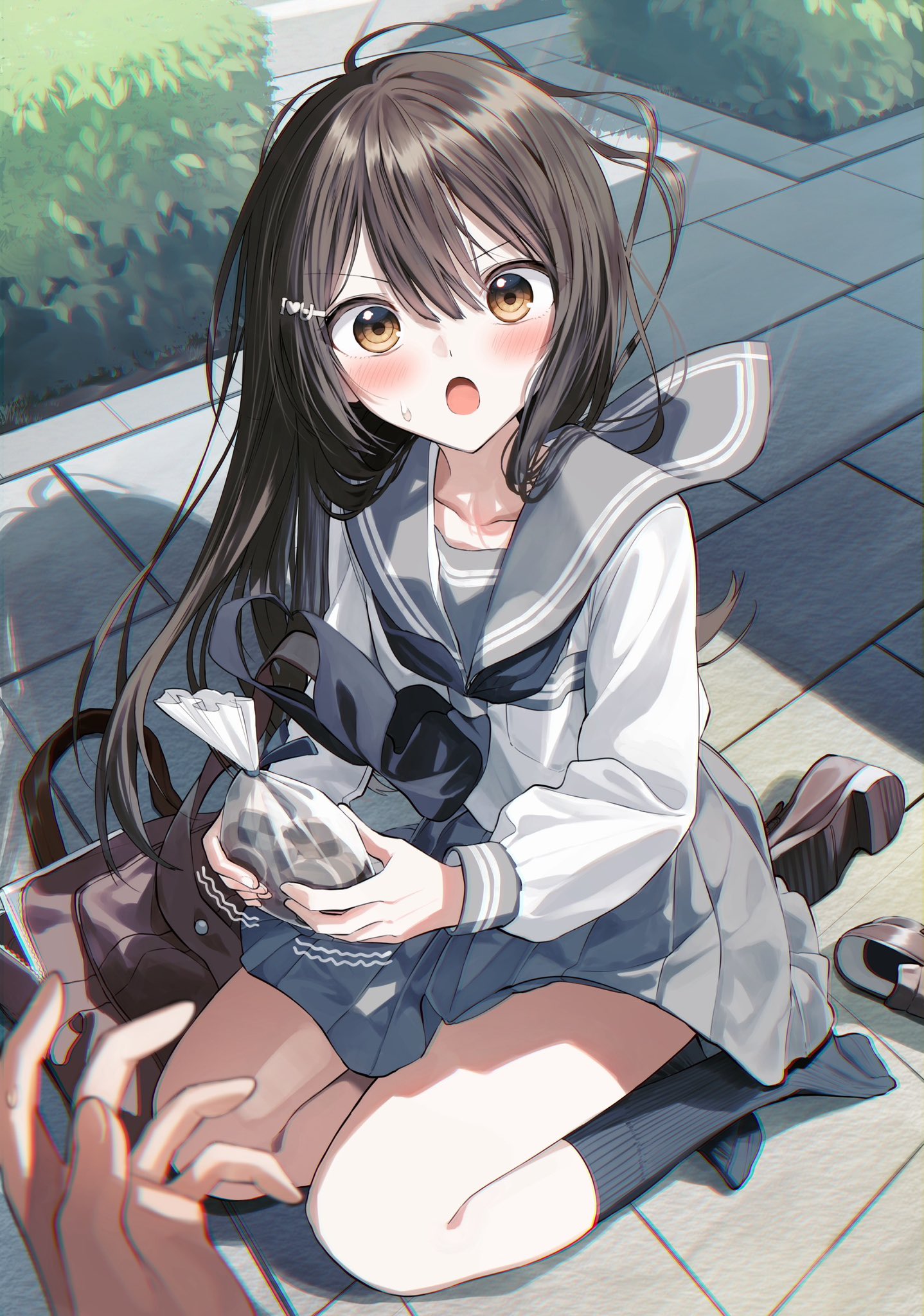 1boy 1girl :o bag black_hair black_neckerchief black_socks blush brown_eyes brown_shoes checkerboard_cookie commentary_request cookie day food grey_sailor_collar grey_skirt hair_between_eyes hair_ornament hairclip highres holding holding_bag long_hair long_sleeves looking_at_viewer neckerchief on_ground open_mouth original outdoors pentagon_(railgun_ky1206) plastic_bag pleated_skirt puffy_long_sleeves puffy_sleeves ribbed_socks sailor_collar school_bag school_uniform serafuku shirt shoes skirt socks soles solo_focus trembling unworn_shoes v-shaped_eyebrows very_long_hair white_shirt