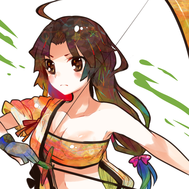 1girl ahoge arrow_(projectile) black_hair bow bow_(weapon) breasts brown_eyes brown_hair cleavage gloves hadanugi_dousa hair_bow itomugi-kun japanese_clothes kantai_collection kimono long_hair medium_breasts open_clothes open_kimono partially_fingerless_gloves partly_fingerless_gloves shouhou_(kancolle) solo weapon white_background yugake yumi_(bow)