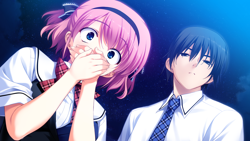 1boy 1girl black_bow black_dress black_hair black_hairband blue_dress blue_eyes blue_necktie bow bowtie breasts closed_mouth cloud collared_shirt covering_own_mouth dress frilled_bow frills frown fumio_(ura_fmo) game_cg grey_eyes grisaia_(series) grisaia_no_kajitsu hair_between_eyes hair_bow hairband kazami_yuuji komine_sachi medium_breasts necktie night night_sky non-web_source outdoors pink_hair plaid_bow plaid_bowtie plaid_clothes plaid_necktie red_bow red_bowtie sailor_collar shirt short_hair sky star_(sky) surprised swept_bangs two-tone_dress two_side_up variant_set white_sailor_collar white_shirt wide-eyed