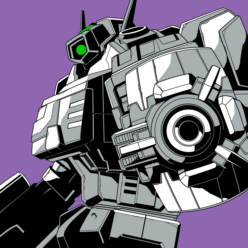 aiming aiming_at_viewer antennae decepticon green_eyes horns kamizono_(spookyhouse) looking_at_viewer mecha monochrome one-eyed purple_background robot shockblast solo transformers transformers_energon transformers_unicron_trilogy