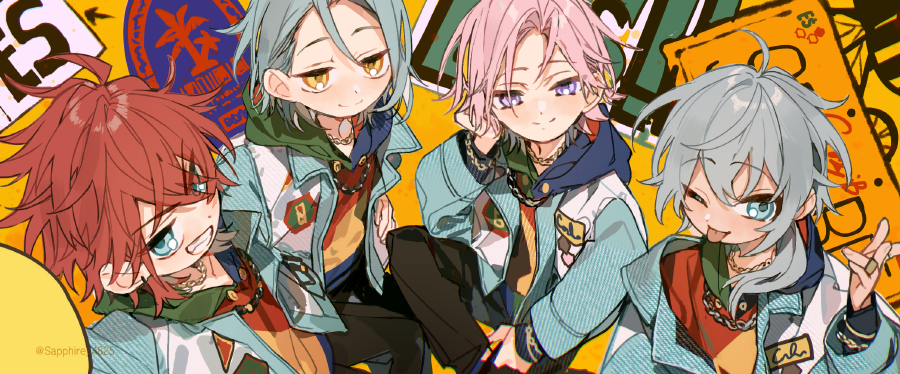 4boys amagi_rinne black_pants blue_hair blue_jacket bracelet closed_mouth crazy_b_(ensemble_stars!) ensemble_stars! grey_eyes grey_hair hand_up himeru_(ensemble_stars!) hood hood_down hoodie jacket jewelry long_hair long_sleeves looking_at_viewer low_ponytail male_focus multiple_boys necklace oukawa_kohaku pants pink_hair ponytail purple_eyes red_hair sapphire_(nine) shiina_niki sitting smile yellow_background yellow_eyes