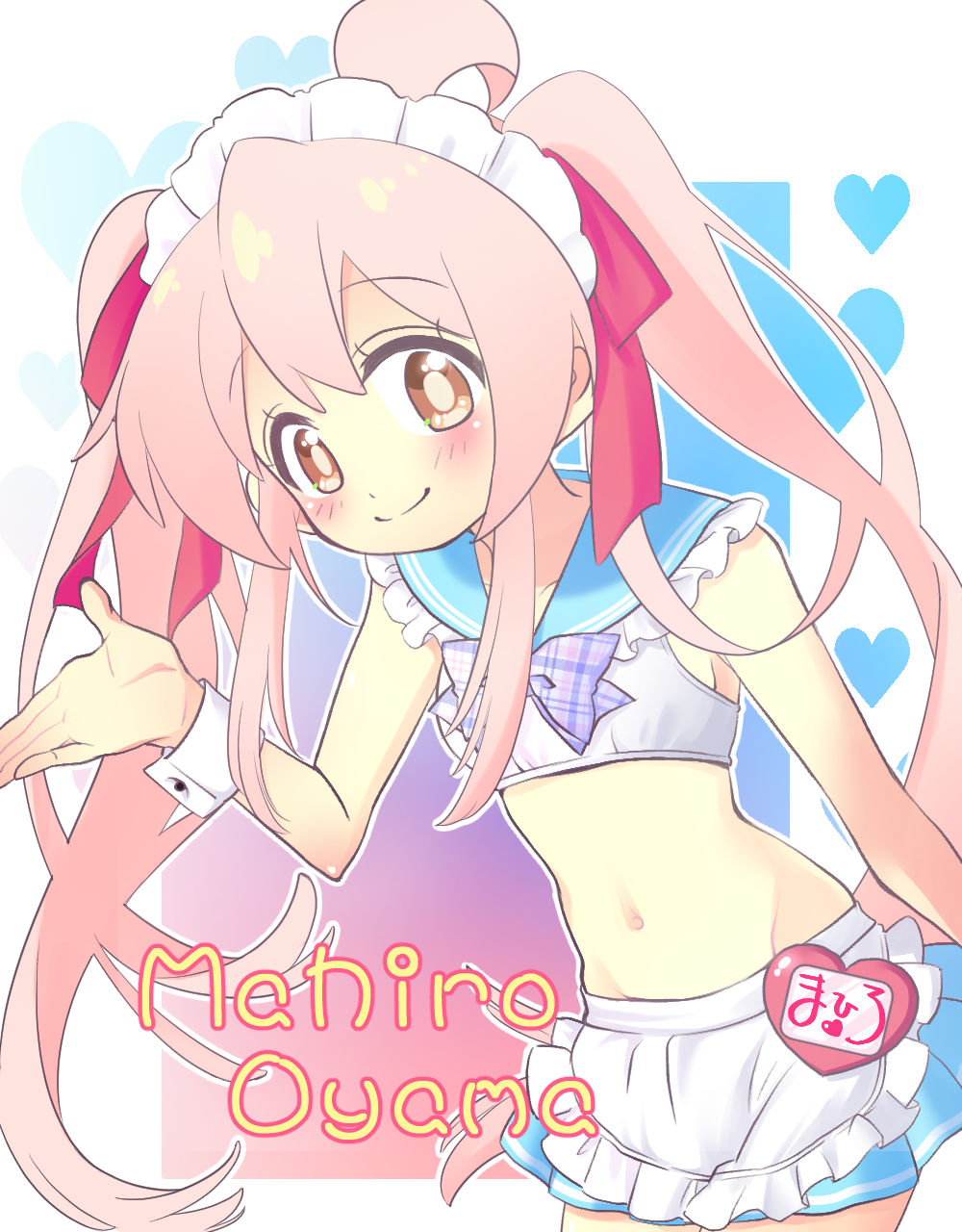 1girl ahoge alternate_costume apron bare_arms bikini blue_sailor_collar blue_skirt blush bow bowtie brown_eyes character_name commentary cowboy_shot crop_top enmaided frilled_sailor_collar frills genderswap genderswap_(mtf) hair_between_eyes hair_ribbon heart heart_background highres long_hair looking_at_viewer maid maid_bikini maid_headdress midriff miniskirt name_tag navel nemu0701 onii-chan_wa_oshimai! outline oyama_mahiro pink_hair plaid_bow plaid_bowtie plaid_clothes red_ribbon ribbon sailor_bikini sailor_collar simple_background skirt smile solo swimsuit twintails unconventional_maid very_long_hair waist_apron white_outline wrist_cuffs