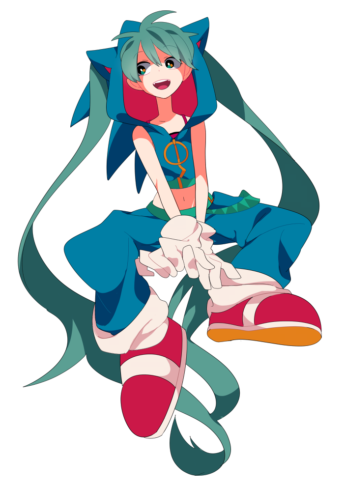 1girl absurdly_long_hair blue_pants commentary_request gloves hatsune_miku hatsune_miku_(sonic_style) hood hood_up long_hair midriff navel open_mouth pants red_shoes sameyama_jiro shoes simple_background sitting sleeveless sleeveless_jacket solo sonic_(series) twintails very_long_hair vocaloid white_background white_gloves