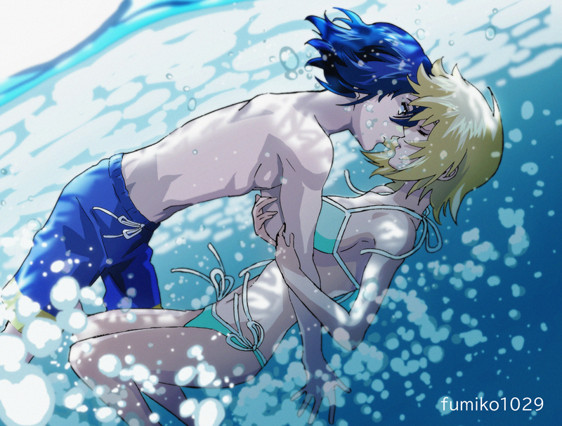 1boy 1girl artist_name athrun_zala bikini blonde_hair blue_hair blue_swim_trunks bubble cagalli_yula_athha closed_eyes couple fumiko_(mesushi) green_bikini green_eyes gundam gundam_seed gundam_seed_freedom hetero imminent_kiss male_swimwear side-tie_bikini_bottom swim_trunks swimsuit underwater