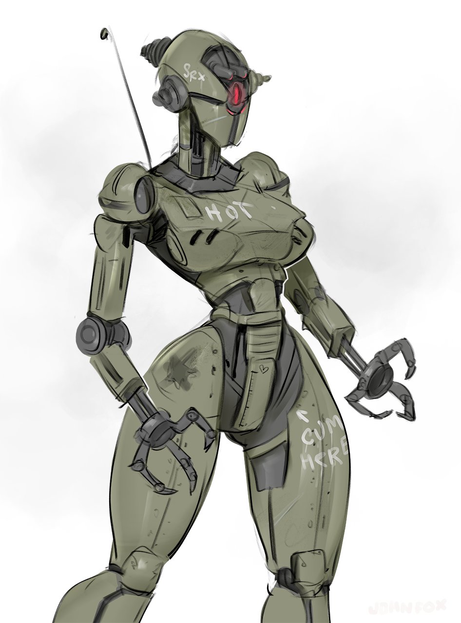 assaultron body_writing decal fallout fallout_4 highres humanoid_robot john_fox no_humans robot simple_background sketch white_background