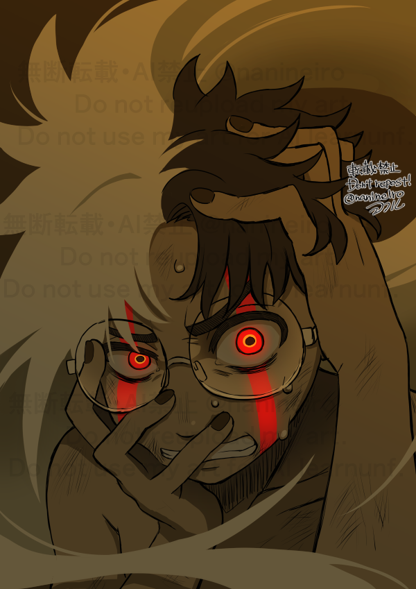 1boy alternate_form black_hair black_nails clenched_teeth commentary_request dandadan facial_mark glasses glowing glowing_eyes hand_on_own_face hand_on_own_head long_hair looking_at_viewer male_focus multicolored_hair red_eyes round_eyewear solo sweat takakura_ken_(dandadan) teeth turbo_granny_(dandandan) two-tone_hair upper_body watermark white_hair yokoru