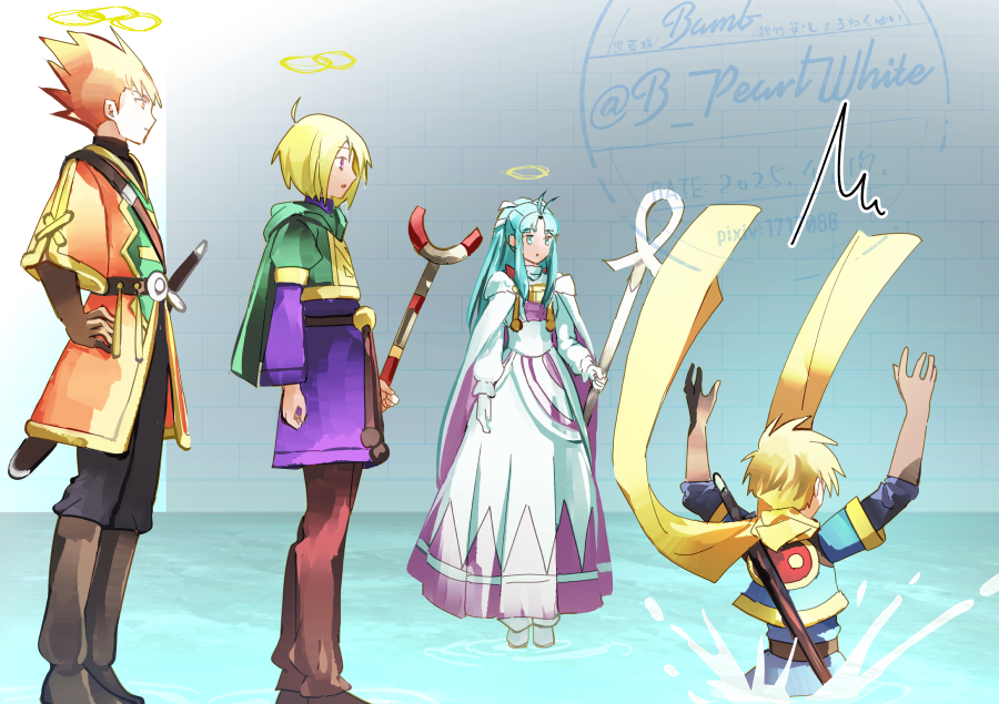 1girl 3boys blonde_hair blue_eyes boots cape full_body garet_(golden_sun) gloves golden_sun halo holding holding_staff isaac_(golden_sun) ivan_(golden_sun) long_hair mia_(golden_sun) multiple_boys open_mouth ponytail scarf shoochiku_bai short_hair staff sword sword_on_back water watermark weapon weapon_on_back yellow_scarf