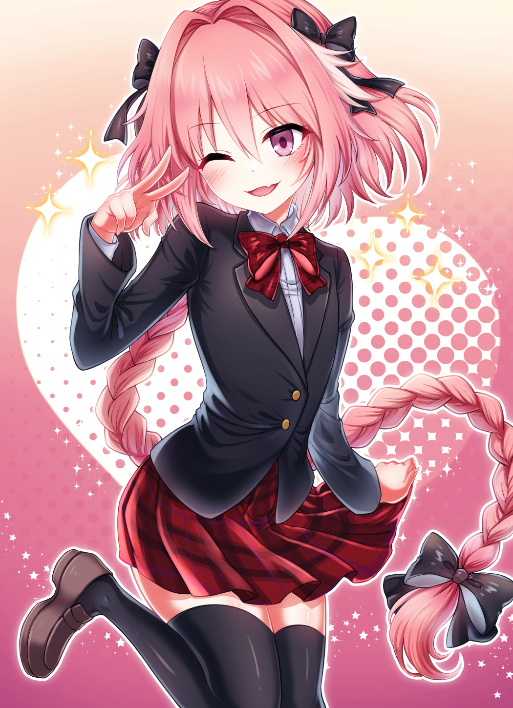 1boy ;d androgynous astolfo_(fate) black_bow black_jacket black_thighhighs bow bowtie braid braided_ponytail collared_shirt commission crossdressing dress_shirt fang fate/apocrypha fate_(series) floating_hair hair_bow hairband highres jacket leg_up long_hair long_sleeves miniskirt one_eye_closed open_mouth pink_background pink_eyes pink_hair pixiv_commission plaid_clothes plaid_skirt pleated_skirt red_bow red_bowtie red_skirt school_uniform shell_ocean shirt single_braid skin_fang skirt smile solo standing standing_on_one_leg thighhighs trap v very_long_hair white_shirt wing_collar zettai_ryouiki