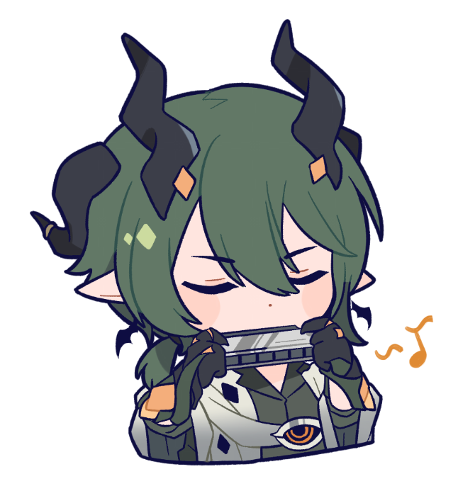1boy black_gloves black_horns chibi chibi_only closed_eyes gloves green_hair grey_shirt harmonica holding holding_instrument honkai_(series) honkai_impact_3rd horns instrument kosma male_focus medium_hair music musical_note official_art playing_instrument pointy_ears shirt solo white_background