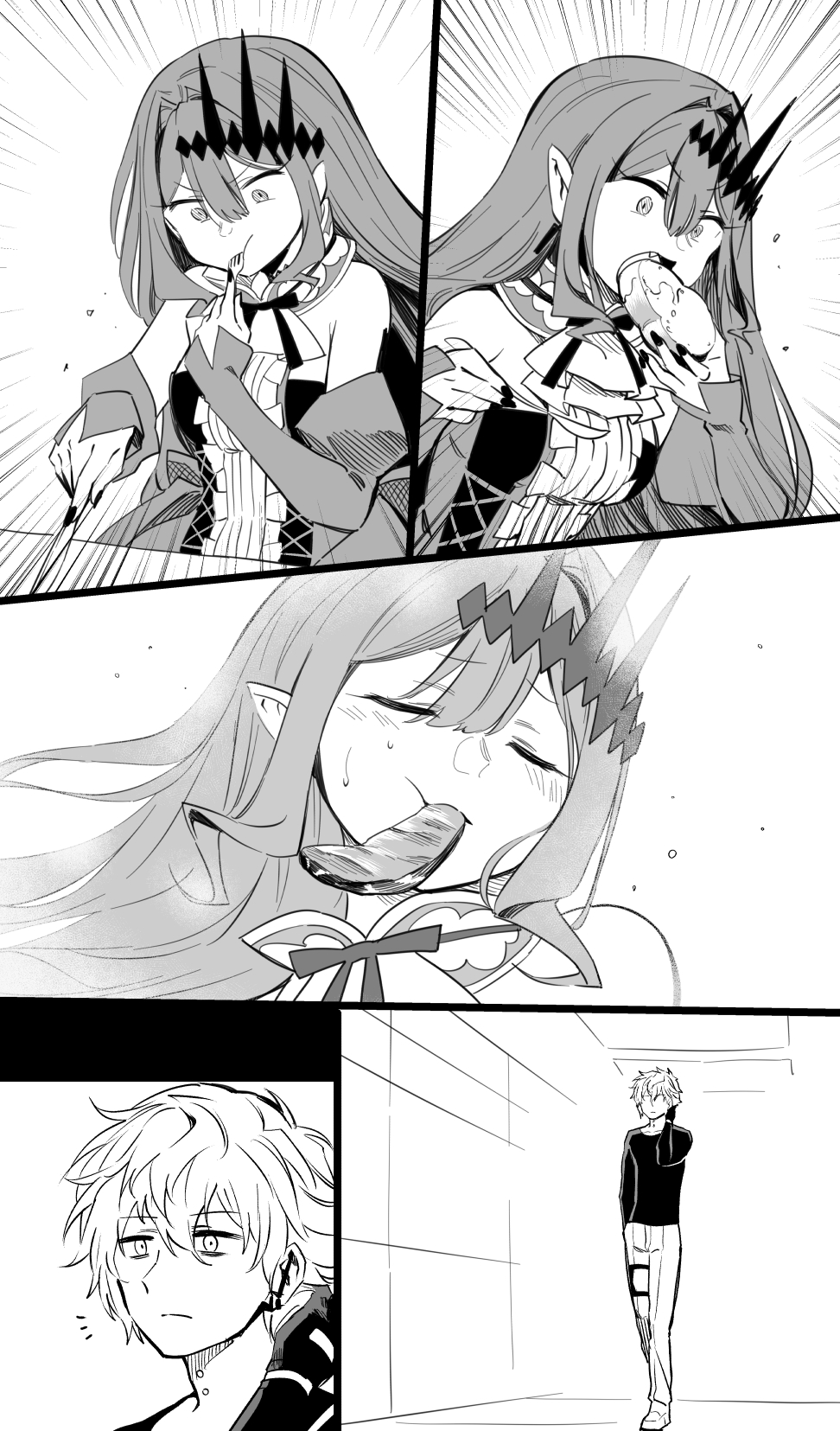 1boy 1girl baobhan_sith_(fate) baobhan_sith_(first_ascension)_(fate) blush bread closed_eyes eating fate/grand_order fate_(series) food greyscale highres hirunagi kadoc_zemlupus monochrome neck_piercing pink_hair short_hair steak tiara