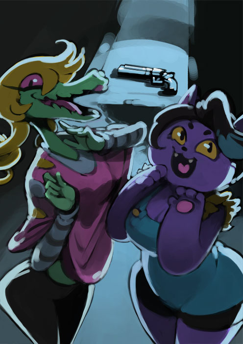 2girls animal_ears bittenhard black_hair blonde_hair bratty_(undertale) breasts cat_ears cat_girl catty_(undertale) cleavage fangs gun handgun heart heart_in_mouth laughing looking_at_viewer medium_breasts multiple_girls open_mouth pink_eyes reptile_girl revolver small_breasts smile thick_arms undertale weapon yellow_eyes