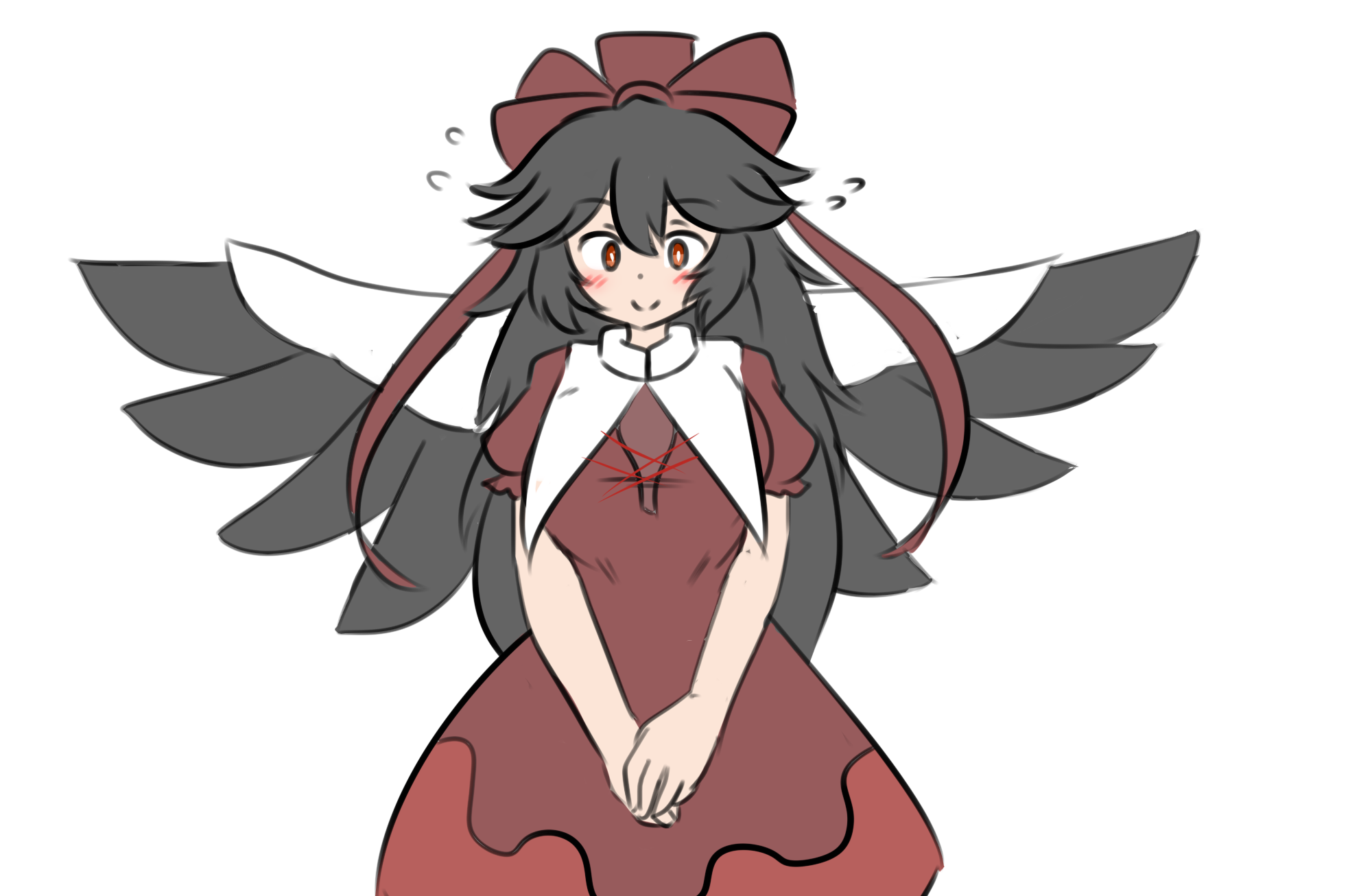 1girl bird_wings black_hair black_wings bow cape closed_mouth cosplay dress hair_bow highres kagiyama_hina kagiyama_hina_(cosplay) long_hair looking_at_viewer mizusoba own_hands_together puffy_short_sleeves puffy_sleeves red_bow red_dress red_eyes reiuji_utsuho short_sleeves simple_background smile solo touhou v-shaped_eyebrows white_background white_cape wings
