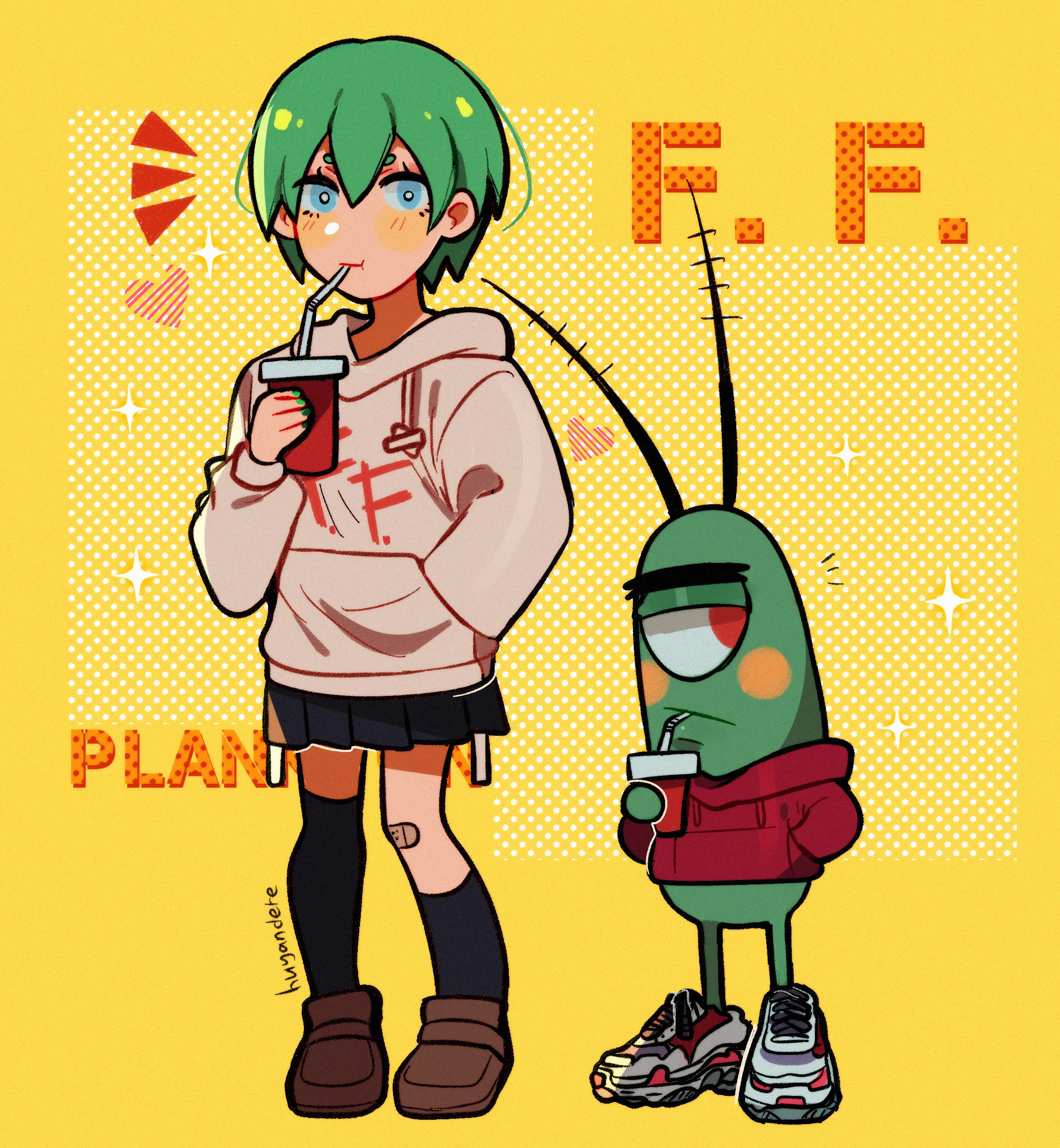 1boy 1girl absurdres antennae asymmetrical_legwear bandaid bandaid_on_knee bandaid_on_leg blue_eyes brown_hoodie brown_sweater character_name commentary crossover cup disposable_cup drinking drinking_straw english_commentary foo_fighters_(jojo) green_hair hand_in_pocket heart highres hood hooded_sweater hoodie huyandere jojo_no_kimyou_na_bouken loafers plankton_(spongebob) red_eyes shoes short_hair single_thighhigh sneakers sparkle sparkling_aura spongebob_squarepants_(series) stone_ocean sweater thighhighs trait_connection