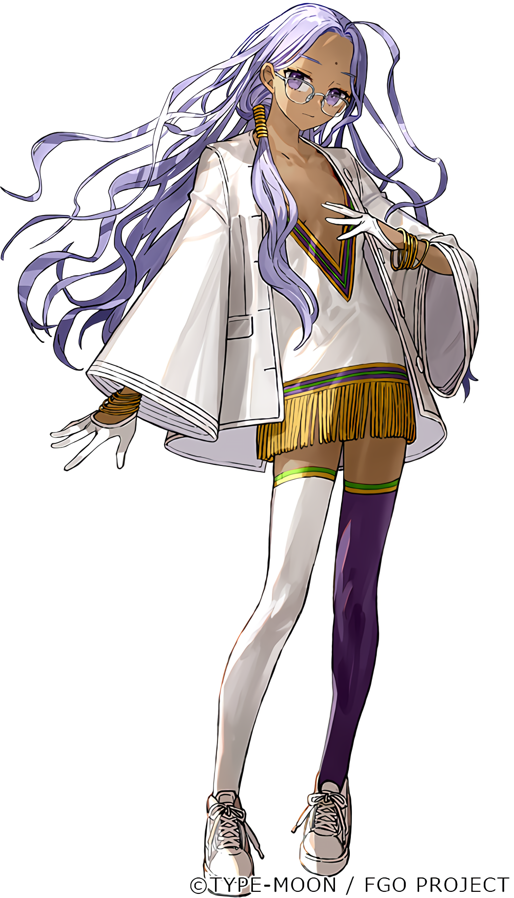 1girl ahoge breasts closed_mouth coat collarbone commentary dark-skinned_female dark_skin expressionless facial_mark fate/grand_order fate_(series) forehead forehead_mark full_body glasses gloves half_gloves highres lab_coat long_hair looking_at_viewer official_art open_clothes open_coat purple_eyes purple_hair rani_viii rani_xii small_breasts solo twitter_username very_long_hair wada_arco white_gloves