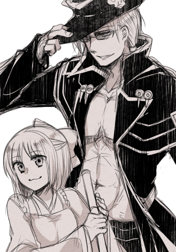 1boy 1girl apron black_coat bow broom coat cowboy_hat crossover guilty_gear hair_bow hand_on_own_hat hat hat_ornament height_difference holding holding_broom johnny_(guilty_gear) kohaku_(tsukihime) kuroneko_(44yen) looking_to_the_side lowres m.u.g.e.n maid melty_blood monochrome open_clothes open_coat skull_hat_ornament sunglasses tsukihime white_background