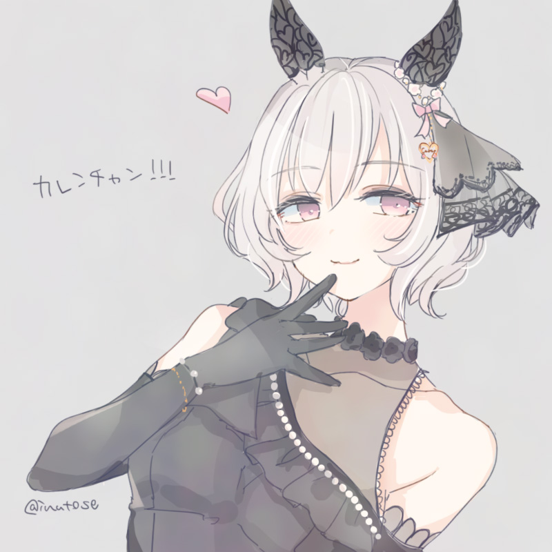 1girl animal_ears bare_shoulders black_dress breasts closed_mouth curren_chan_(sakutsuki_ma_cherie)_(umamusume) curren_chan_(umamusume) dress ear_covers elbow_gloves gloves grey_background grey_hair hand_up heart horse_ears inutose looking_at_viewer pink_eyes short_hair simple_background sleeveless sleeveless_dress small_breasts smile solo twitter_username umamusume upper_body