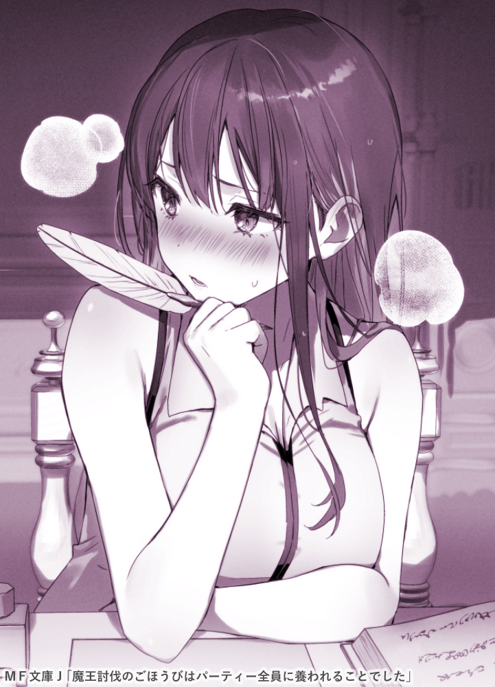1girl bare_shoulders blush book breasts chair cleavage collared_shirt copyright_request dress_shirt hand_up holding large_breasts monochrome nose_blush novel_illustration official_art on_chair open_book parted_lips quill shirt sitting sleeveless sleeveless_shirt solo sweat tomozero upper_body