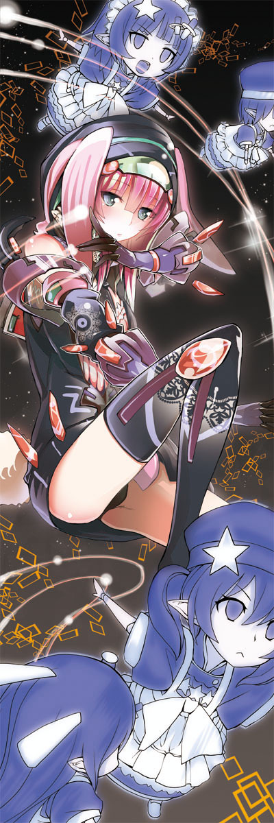 1girl :&lt; apron blue_eyes doll female_focus genbou2 gloves hat highres original panties personification pink_hair solo spirit star_(symbol) tamon_ketsuyuki thighhighs underwear visor