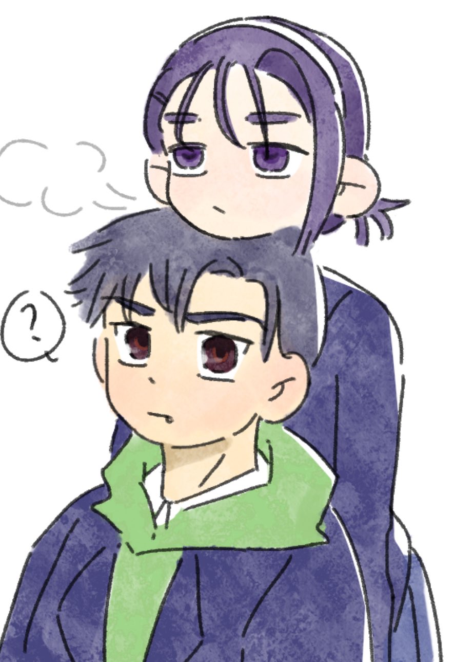 1boy 1girl ? alien_stage black_eyes black_hair blue_jacket chin_rest commentary expressionless fang green_hoodie hairband hashtag-only_commentary head_on_head head_rest highres hood hoodie ivan_(alien_stage) jacket jacket_over_hoodie motii puff_of_air short_hair simple_background spoken_question_mark sua_(alien_stage) very_short_hair white_background white_hairband