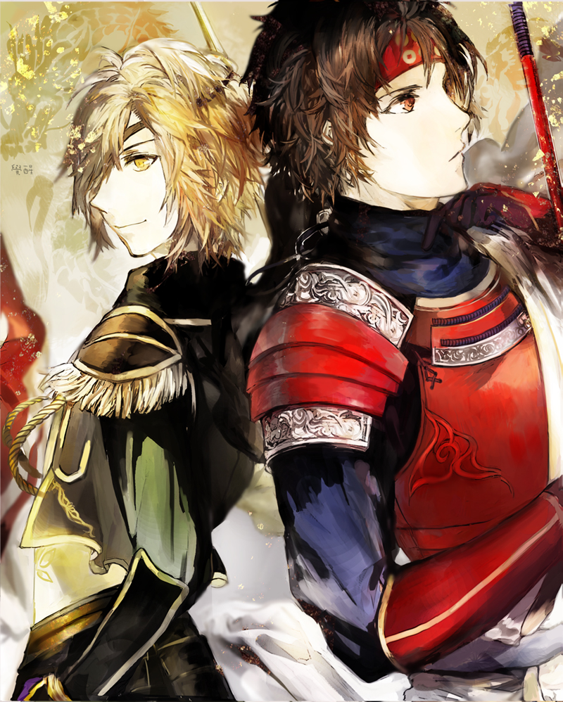 armor back-to-back brown_hair coat date_masamune epaulettes eyepatch headband male_focus polearm sanada_yukimura_(sengoku_musou) sengoku_musou spear swept_bangs sword weapon