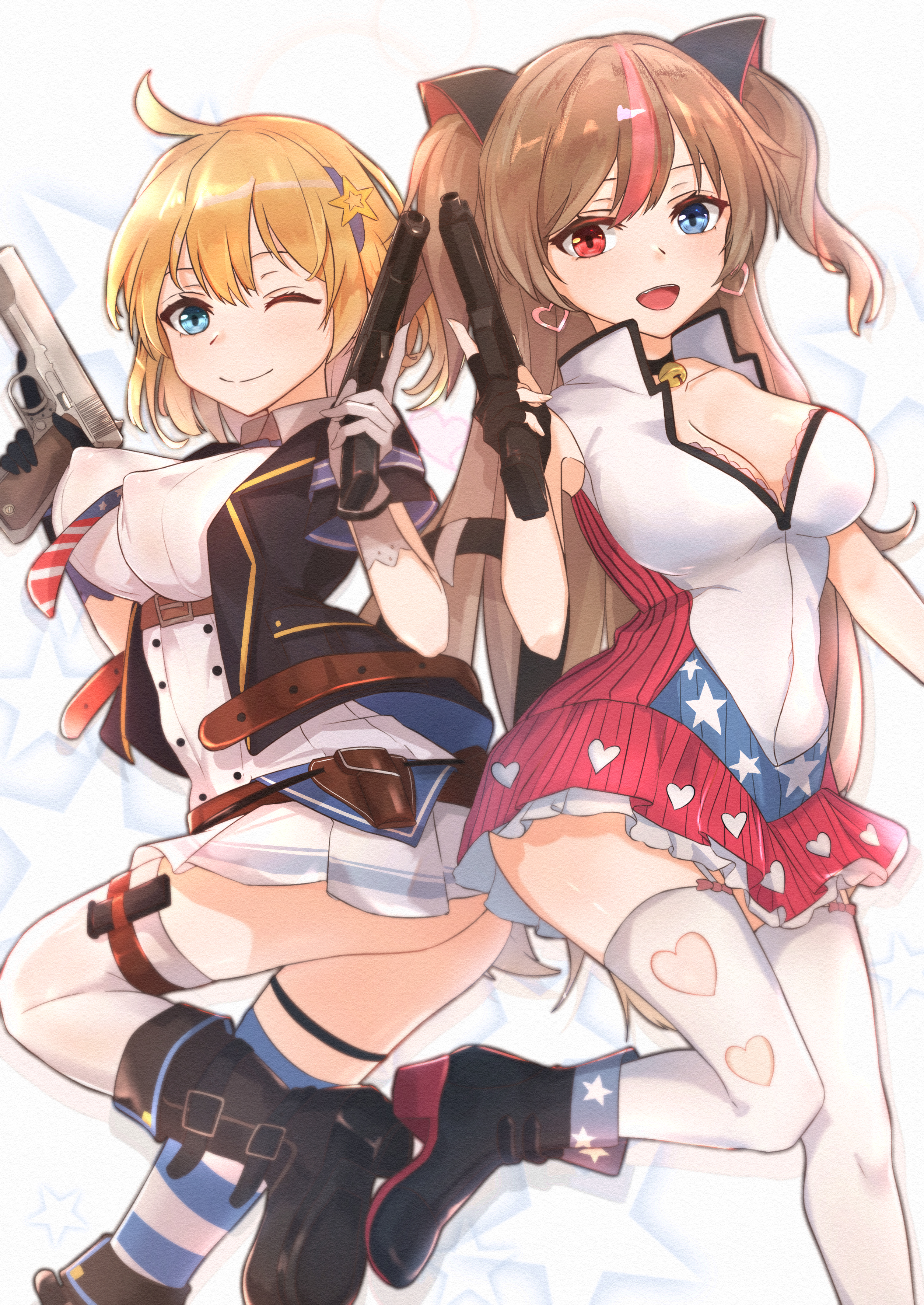 2girls absurdres alternate_costume black_footwear blonde_hair blue_eyes boots breasts cleavage closed_mouth colt's_manufacturing_company commission dress earrings garter_straps girls'_frontline gloves gun h&k_mark_23 hair_ornament hair_ribbon handgun heart heart_earrings heckler_&_koch heterochromia highres holding holding_gun holding_weapon huge_filesize jewelry light_brown_hair long_hair looking_at_viewer m1911 m1911_(girls'_frontline) m1911_(mod3)_(girls'_frontline) match_grade match_grade_firearm match_grade_pistol medium_breasts mk23_(girls'_frontline) mod3_(girls'_frontline) multicolored_hair multiple_girls muteppona_hito offensive_handgun one_eye_closed open_mouth pixiv_commission red_eyes ribbon smile standing standing_on_one_leg star_(symbol) star_hair_ornament thighhighs twintails weapon white_background white_gloves white_legwear