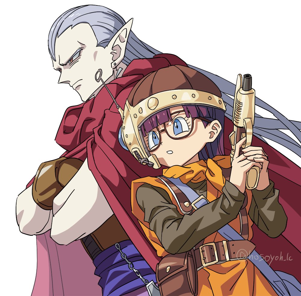 1boy 1girl bag blue_bag blue_eyes blunt_bangs brown_gloves brown_shirt chrono_trigger cloak crossed_arms earrings glasses gloves grey_hair gun hair_slicked_back harness headset helmet holding holding_gun holding_weapon hosodayo jewelry long_hair long_sleeves lucca_ashtear magus_(chrono_trigger) neckerchief orange_neckerchief orange_tunic parted_lips pointy_ears purple_hair red_cloak red_eyes shirt short_hair shoulder_bag tooth_earrings tunic twitter_username upper_body weapon white_background