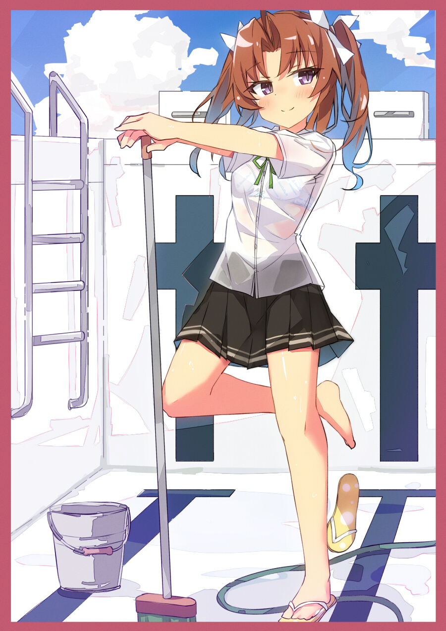 1girl beritabo black_skirt blue_sky bra bra_visible_through_clothes brown_hair bucket cleaning_brush cloud collared_shirt day dress_shirt empty_pool full_body hair_ribbon highres hose kagerou_(kancolle) kagerou_kai_ni_(kancolle) kantai_collection long_hair outdoors pool pool_ladder purple_eyes ribbon sandals see-through_clothes see-through_shirt shirt single_sandal skirt sky smile solo starting_block twintails underwear unworn_sandals white_bra white_ribbon white_shirt