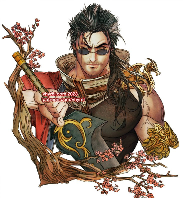 1boy arm_sling armor auron black_hair black_shirt cherry_blossoms commentary english_commentary facial_hair final_fantasy final_fantasy_x holding holding_sword holding_weapon male_focus muscular muscular_male one_eye_closed scar scar_across_eye scar_on_face shirt single_bare_arm sunglasses sword veins vhyrel weapon white_background