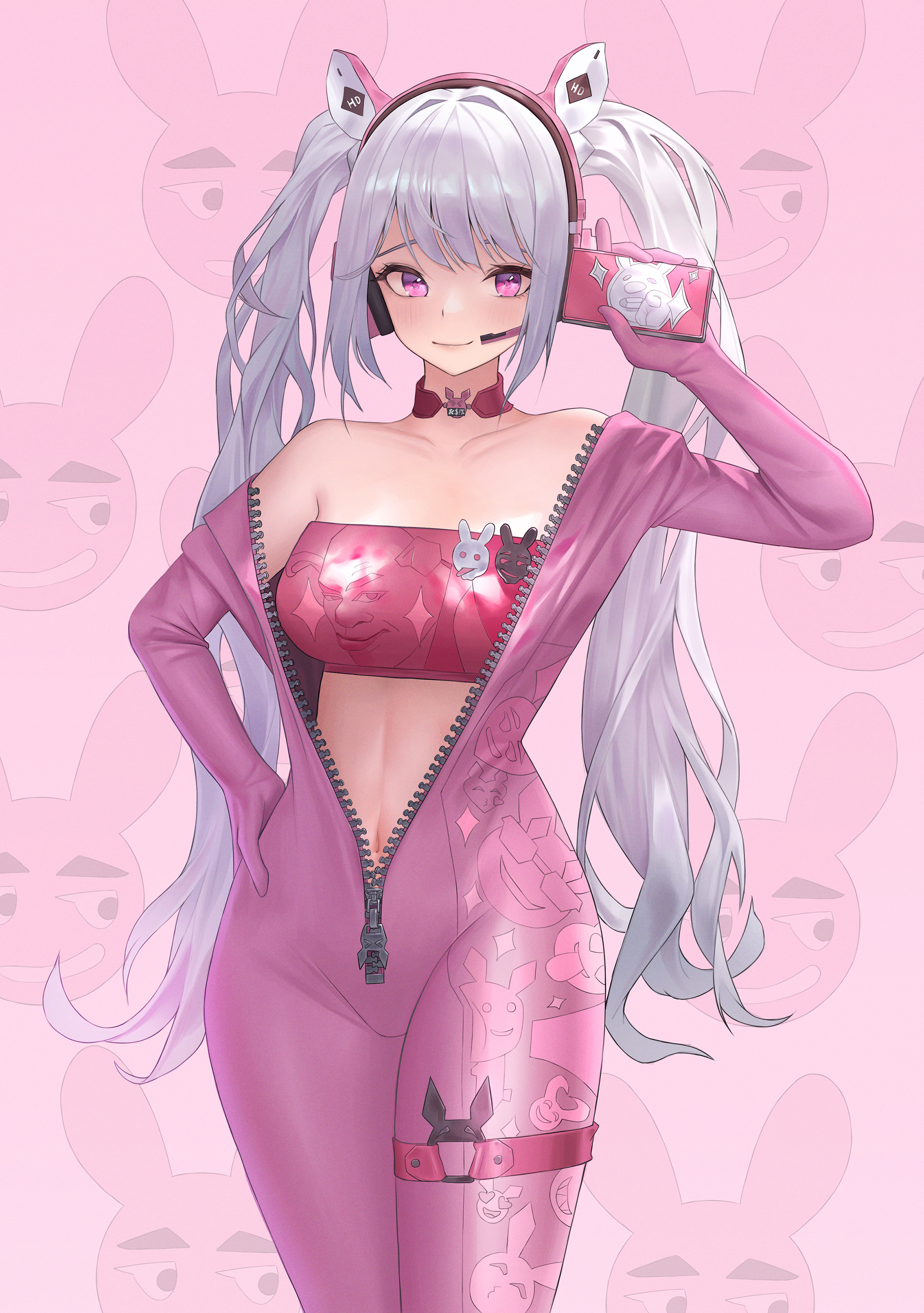 1girl absurdres alice_(nikke) bandeau bare_shoulders bodysuit cowboy_shot goddess_of_victory:_nikke grey_hair highres ieris long_hair looking_at_viewer off_shoulder pink_background pink_bodysuit pink_eyes shrek shrek_(series) solo standing strapless thigh_strap thighs tube_top twintails unzipped very_long_hair