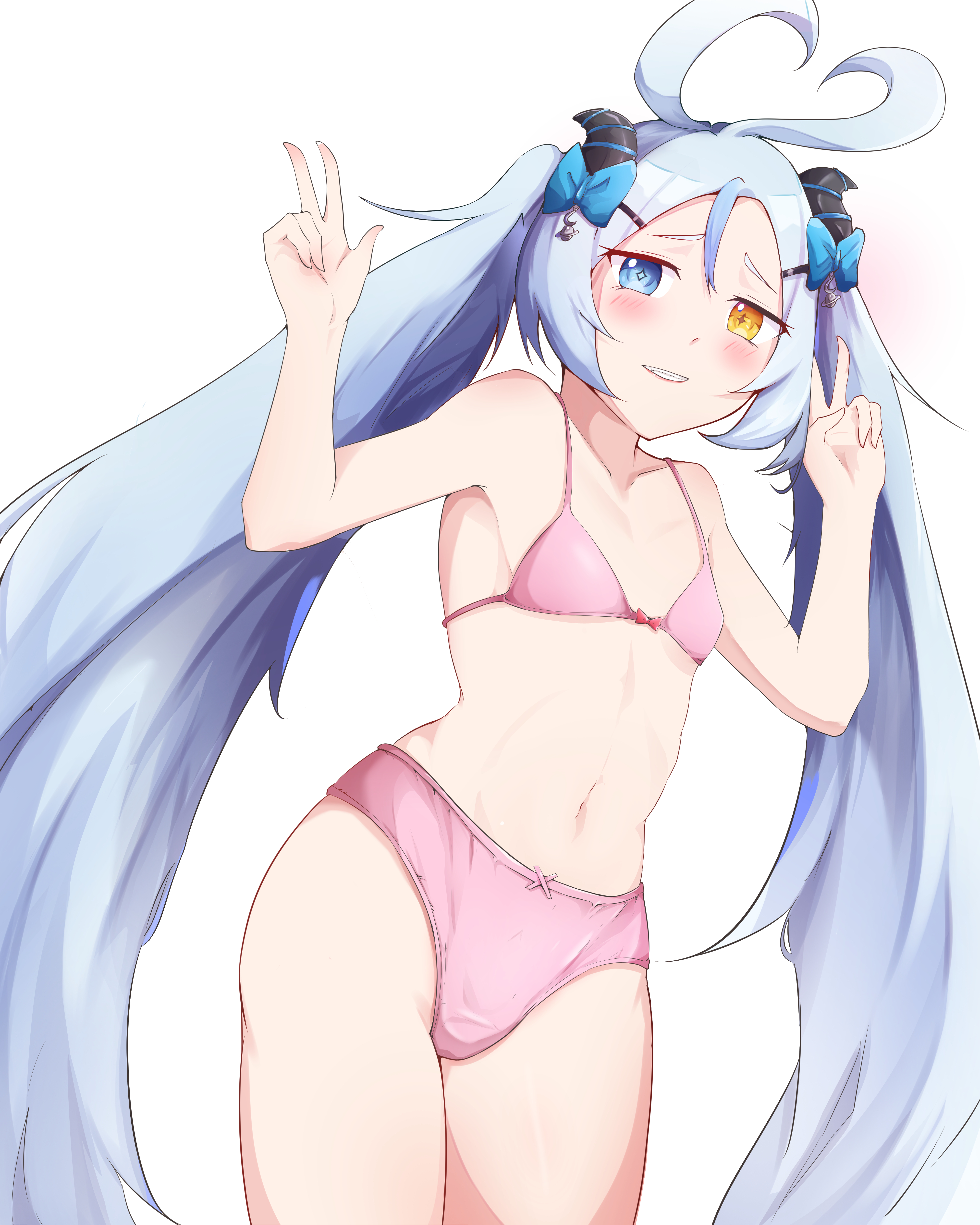 1girl absurdres akugaki_koa belly blue_eyes blush blush_stickers bow bra breasts commission demon_girl demon_horns demon_wings double_v eyebrows eyelashes flat_chest heterochromia highres horns chromashift long_hair looking_at_viewer navel nose oyaoya panties pink_bra pink_panties ribbon simple_background small_breasts teeth underwear underwear_only v very_long_hair virtual_youtuber white_background white_hair wings yellow_eyes