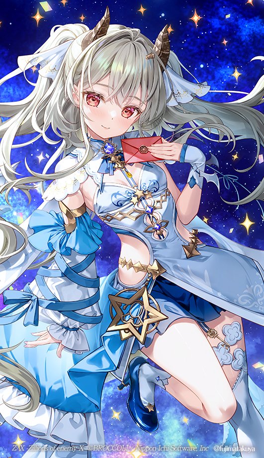 1girl blue_shoes blue_skirt breasts closed_mouth commentary_request detached_sleeves dragon_horns dragon_princess_(z/x) dress envelope fujima_takuya grey_hair hair_between_eyes hand_up high_heels holding holding_envelope horns long_hair long_sleeves looking_at_viewer puffy_long_sleeves puffy_sleeves red_eyes shoes single_sock single_thighhigh skirt sleeves_past_wrists small_breasts smile socks solo thighhighs very_long_hair white_dress white_sleeves white_socks white_thighhighs z/x