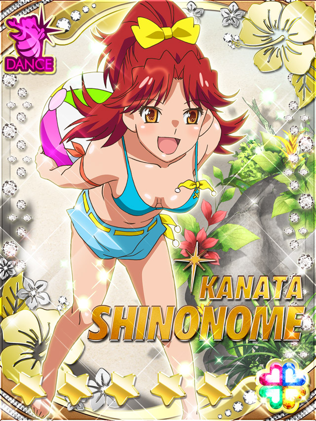 1girl :d akb0048 ball barefoot beach beachball bikini blue_bikini blush breasts card_(medium) character_name collarbone flower foot_out_of_frame heart high_ponytail holding holding_ball holding_beachball leaning_forward looking_at_viewer navel non-web_source official_art open_mouth orange_eyes outdoors ponytail red_flower red_hair rock shinonome_kanata smile solo sparkle standing star_(symbol) swimsuit