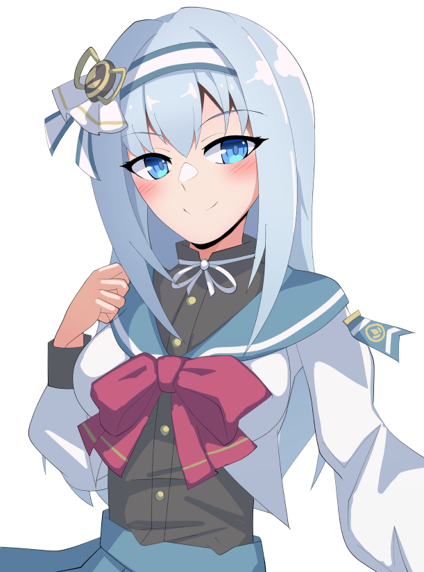 1girl assault_lily black_shirt blue_eyes blue_hairband blue_sailor_collar blue_skirt blush bow bowtie breasts buttons closed_mouth commentary grey_hair hair_ornament hair_ribbon hairband hands_up herensuge_girls_academy_school_uniform high-waist_skirt ishitsuma_canon long_hair long_sleeves looking_at_viewer medium_breasts neck_ribbon open_clothes open_shirt red_bow red_bowtie ribbon sailor_collar school_uniform serafuku shirt sidelocks simple_background skirt smile solo tsuboi_nanaho two-tone_hairband upper_body white_background white_hairband white_ribbon white_shirt