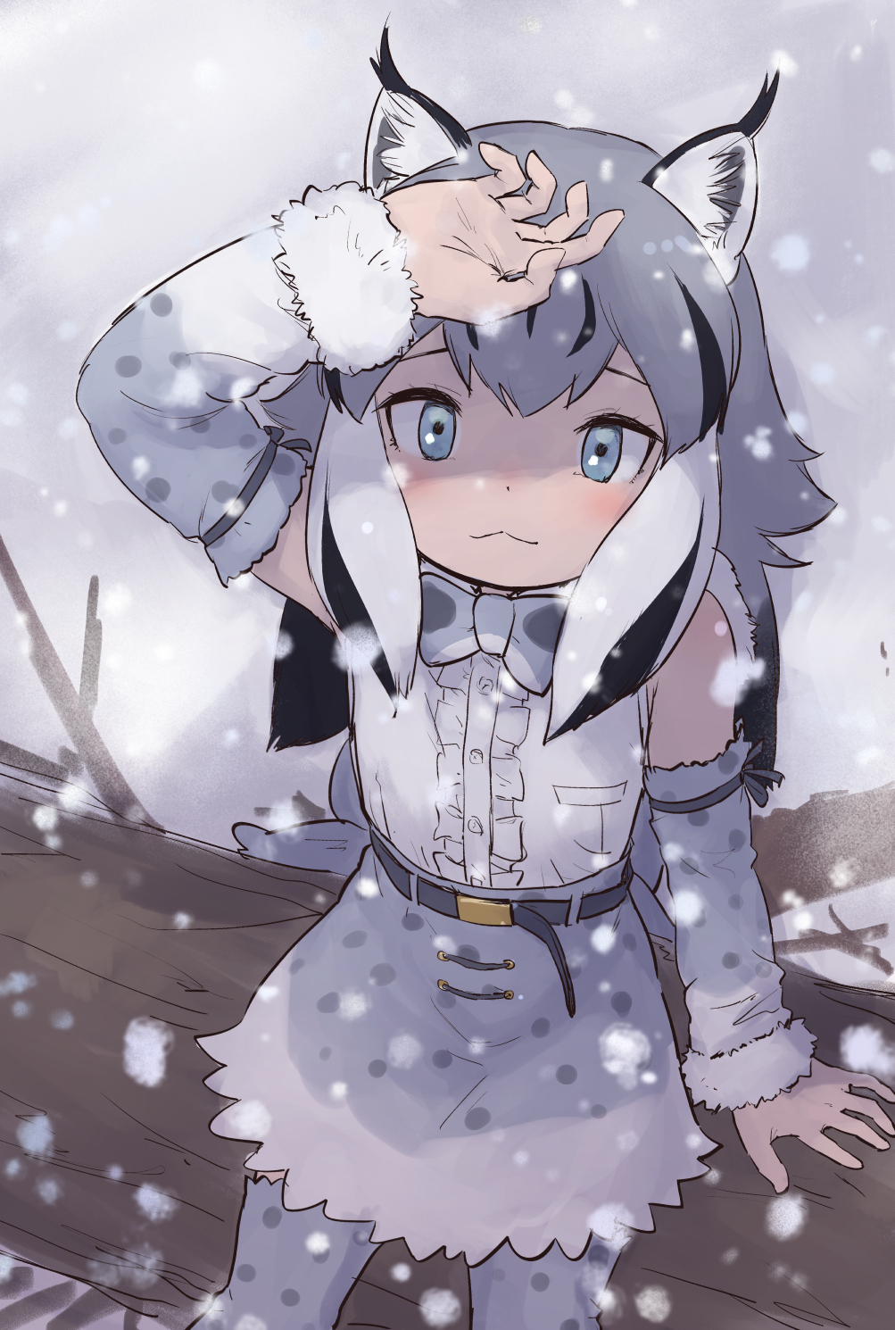 1girl :&lt; :3 animal_ears animal_print bare_shoulders belt black_hair blue_eyes blush bow bowtie canadian_lynx_(kemono_friends) cat_ears cat_girl cat_print cat_tail center_frills covering_face detached_sleeves frills fur_trim grey_bow grey_bowtie grey_hair grey_skirt grey_sleeves grey_thighhighs hair_between_eyes high-waist_skirt highres kemono_friends log long_hair looking_up multicolored_hair print_bow print_bowtie print_skirt print_sleeves print_thighhighs rumenia_(ao2is) shirt sidelocks sitting skirt snow snowing solo tail thighhighs white_fur white_hair white_shirt zettai_ryouiki