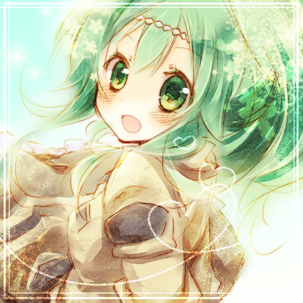 1girl amamiya_kabosu atelier_(series) atelier_lise circlet female_focus green_eyes green_hair hilda_(atelier) long_hair matching_hair/eyes ponytail shirt smile solo