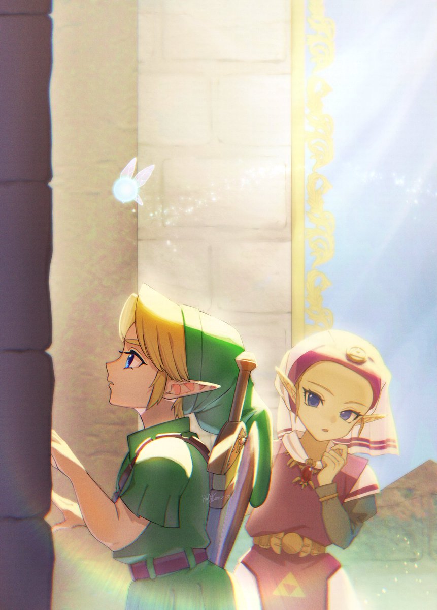 1boy 1girl ao_haruki belt blonde_hair blue_eyes blue_sleeves brown_belt child deku_shield dress fairy from_side green_hat green_tunic hand_up hashtag-only_commentary hat highres juliet_sleeves kokiri_sword link long_sleeves navi nintendo parted_lips pointy_ears princess_zelda puffy_sleeves purple_dress shield shield_on_back short_sleeves sword sword_on_back the_legend_of_zelda the_legend_of_zelda:_ocarina_of_time triforce tunic two-tone_dress two-tone_headwear weapon weapon_on_back white_dress young_link young_zelda